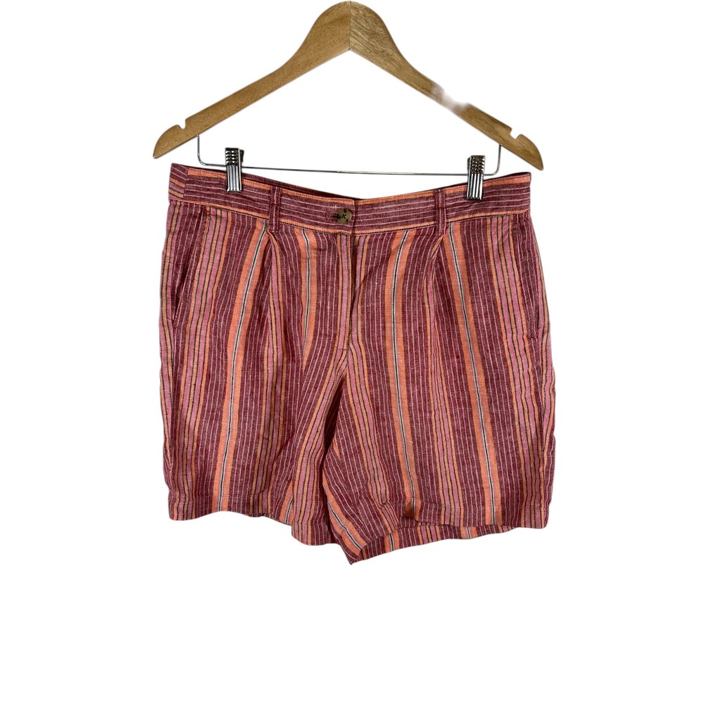 J. Jill Love Linen Striped Shorts Womens 10 Red Orange Pink Multi Pleated‎ Front